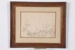 Abraham Storck, PORT SCENE, identified verso, Pen and ink drawing
