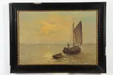 Hermann Bahner, Morning Fishing, Oil on canvas in "as is" condition