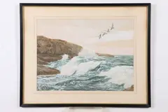 John Sudy, Geese Over Rocky Coast, Gouache