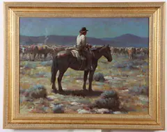 Ronald Crooks, Cowboy Tending Herd, Oil on board