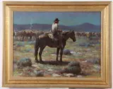 Ronald Crooks, Cowboy Tending Herd, Oil on board