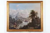 Church Along the River by Italian School, CHURCH ALONG THE RIVER, oil on canvas in "as is" condition, sold Mar 2019