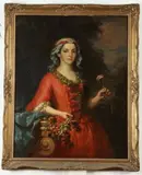 Portrait of Lady with Flower by Continental School, PORTRAIT OF LADY WITH FLOWER, oil on canvas, sold Mar 2019