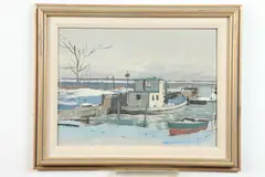 Tore Asplund, Harbor in Winter, Oil on board