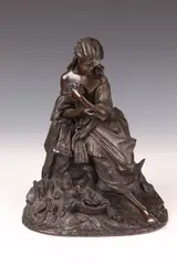 Untitled by Continental School, SEATED YOUNG WOMAN WITH BIRD, bronze - Height: 10 1/2 in, sold Jun 2019