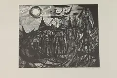 Misch Kohn, Three Visitors with Entourage, Wood engraving