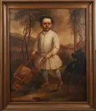 Portrait of Boy with Dog and Wheelbarrow by Continental School, PORTRAIT OF BOY WITH DOG AND WHEELBARROW, oil on panel, sold Jun 2019