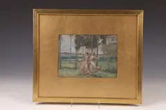 Arthur Bowen Davies, Maidens Frolicking in Meadow, MAIDENS FROLICKING IN MEADOW, oil on board; verso pencil sketch of "Union Soldier"
