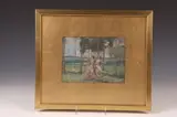 Arthur Bowen Davies, Maidens Frolicking in Meadow, MAIDENS FROLICKING IN MEADOW, oil on board; verso pencil sketch of "Union Soldier"
