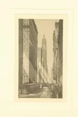 John Taylor Arms, Downtown New York [with street car, Black and white etching on paper