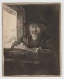 Self Portrait Drawing at Window by Rembrandt Harmensz van Rijn, Etching, sold Sep 2019