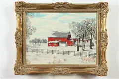 R. Bartholomeyn, Red Barn in Snow, Oil on board