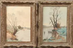 P. Givry, ALONG THE RIVER: PAIR, each signed lower right and one titled, " Eragny Sur-oise", Watercolor