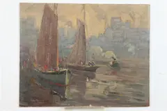 Arthur P. Loysen, HARBOR SCENE and TOWN IN WINTER: TWO WORKS, each signed lower left, Oil on board