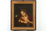 Girl with Bird by Continental School, GIRL WITH BIRD, oil on canvas, sold Nov 2019