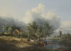 Edward Williams, Untitled, a windmill beyond oil on panel 37 x 51cm