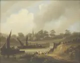 Frederick Calvert, Untitled, a church beyond oil on canvas 36 x 44.5cm
