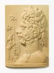 Italian School, Carved Plaque depicting Franz Josef I of Austria as the 'Seven Deadly Sins', carved lava rock, in original silk lined leather case and together with plush velvet lined leather box