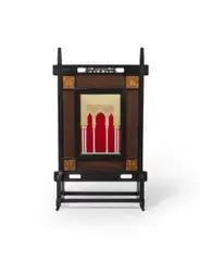 Fire Screen by Herter Brothers, carved and ebonized cherry, glass, alabaster, velvet and embroidered textile, on casters, sold Oct 2020