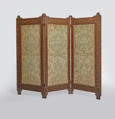Three Panel Floor Screen by Lockwood de Forest, teak, stenciled upholstery, carved by the Ahmedabad Wood Carving Company, Ahmedabad, India, circa 1890, possibly assembl, sold Oct 2020