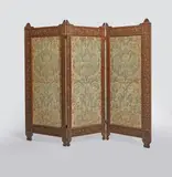 Lockwood de Forest, Three Panel Floor Screen, teak, stenciled upholstery, carved by the Ahmedabad Wood Carving Company, Ahmedabad, India, circa 1890, possibly assembled in New York