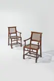 Chinese Export, Pair of Armchairs, probably Shanghai, padouk with cane back and seats, each with loose silk upholstered seat cushion