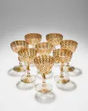 Salviati & C., Set of Eight Zanfirico Serpent Wine Glasses, zanfirico glass internally decorated with aventurine and with applied coiled serpents, applied with gold foil