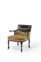Herter Brothers, Armchair, carved ebonized cherry, olive velvet upholstery, on original brass casters