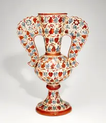 Ulisse Cantagalli, Hispano-Moresque Vase, ceramic, hand-decorated with iridescent glaze, blue underglaze mark of cockerel and '92'