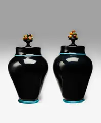 Giuseppe Barovier, Pair of Vase and Covers, for Artisti Barovier, opaque blown and applied glass with lamp worked decoration of fruits