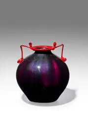 Rosso e Nero Vase by Fratelli Toso, blown deep amethyst glass with red pasta glass applied handles and applied with aventurine, sold Oct 2020