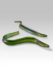 Tyra Lundgren, Two Rare Anguille Sculptures, for Venini, glass with matte surface and iridized surface, each engraved 'venini P