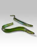 Tyra Lundgren, Two Rare Anguille Sculptures, for Venini, glass with matte surface and iridized surface, each engraved 'venini P