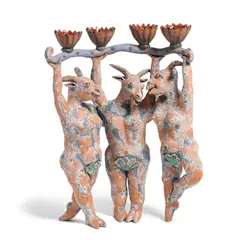 Laurance Simon, Three Graces Candelabrum, partially-glazed earthenware, apparently unsigned