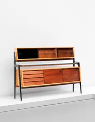 Robin Day, Rare tall sideboard, model no. 582/8, from the 'Dining Group' series, designed 1949, produced 1950s, Mansonia painted wood, cherry-veneered wood, clear glass, coloured glass, brass