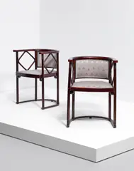 Pair of armchairs, model no. 728F by Gustav Siegel, circa 1905, Beech, fabric upholstery, sold Oct 2020