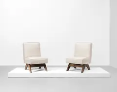 Pierre Jeanneret, Pair of low chairs, model no. PJ-SI-36-A, designed for the High Court and P. U. Student residences, Chandigarh, 1955-1956, Teak, fabric upholstery
