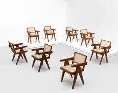 Pierre Jeanneret, Set of eight 'Office' armchairs, model no. PJ-SI-28-D, designed for the administrative buildings, Chandigarh, 1953-1954, Teak, cane