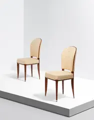 Émile-Jacques Ruhlmann, Pair of 'Listel' dining chairs, model no. 49NR, circa 1925, Brazilian rosewood, fabric upholstery