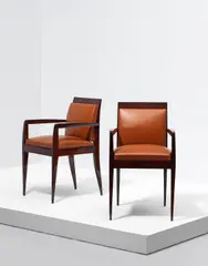 Alfred Porteneuve, Pair of bridge armchairs, circa 1935, Rosewood, fabric upholstery
