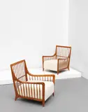 Paolo Buffa, Pair of armchairs, circa 1942, Walnut, fabric upholstery