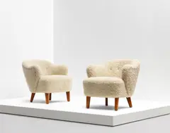 Flemming Lassen, Pair of armchairs, circa 1940, Sheepskin upholstery, ash