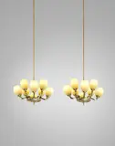 Pair of rare and monumental eight-armed ceiling lights, model no. 1382, from the Finlayson Villa, Julkujärvi, Tampere, Finland by Paavo Tynell, 1949, Amber glass, brass, sold Oct 2020