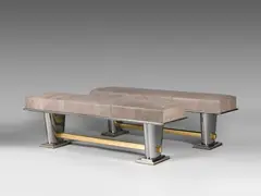 Raymond Subes, Pair of Benches, polished bronze and metal, seat reupholstered in leather