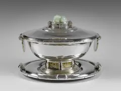 Boin-Taburet, Tureen on Stand, silver, jade and serpentine, the tureen stamped 'BOIN-TABURET A PARIS' and numbered '78063' and engraved '11 juillet 1935 C