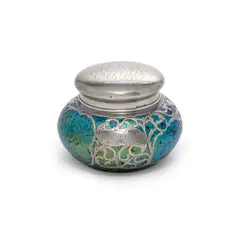 Powder Box with Cover by Loetz, sterling silver, iridescent glass, monogrammed with initials, inscribed '1900', stamped 'STERLING', offered Sep 2020