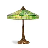 Handel Company, Peacock Feather Table Lamp, patinated metal and leaded glass, stamped and numbered 'HANDEL 1703 1765' on underside of base