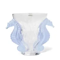 Poseidon Vase by Lalique, clear, frosted and aquamarine molded glass, incised 'Lalique France' and numbered 25/99 on underside, sold Sep 2020