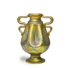Serpent Handled Vase by Zsolnay, marbleized eosin glazed earthenware, with the firm's mark, marked 'MADE IN HUNGARY' and stamped '7936', sold Sep 2020