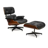 Charles and Ray Eames, 670 Lounge Chair and 671 Ottoman, laminated walnut, black leather, with black rectangular Herman Miller tag on underside of chair and ottoman
